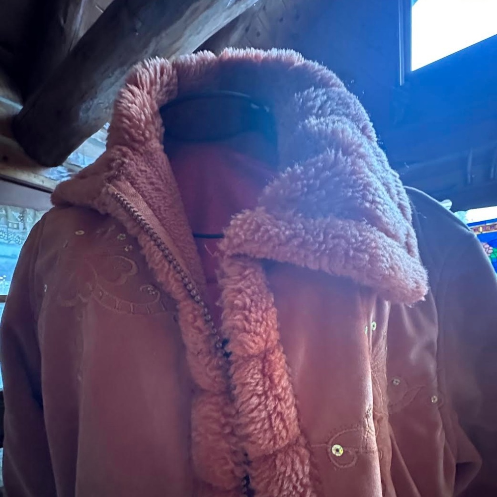 Orange/ peachy  plush coat with embroidered accents